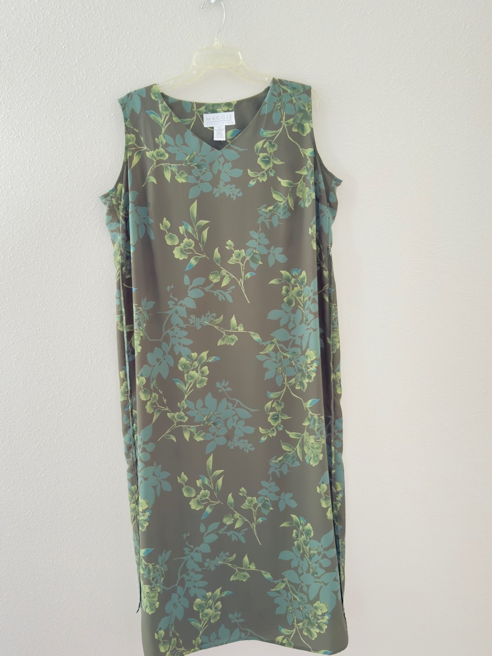 Maggy London Olive & Teal Floral Sleeveless Maxi Dress Size 1X